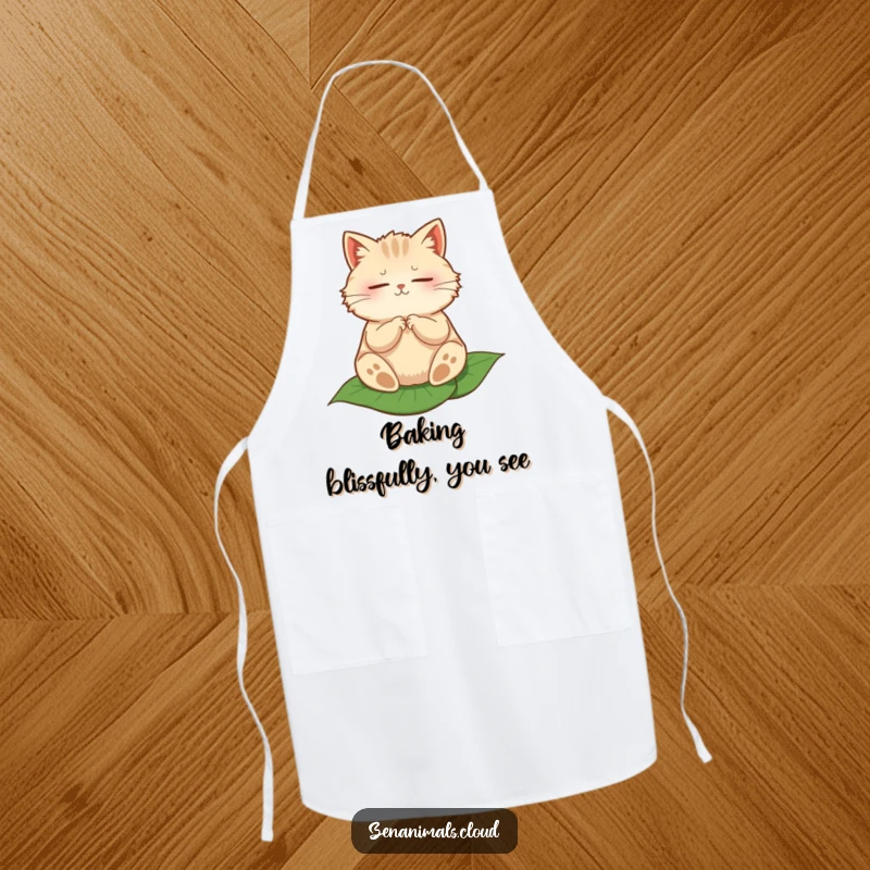 Funny apron featuring a round, fluffy cat meditating peacefully on a leaf, perfect for a calm kitchen.