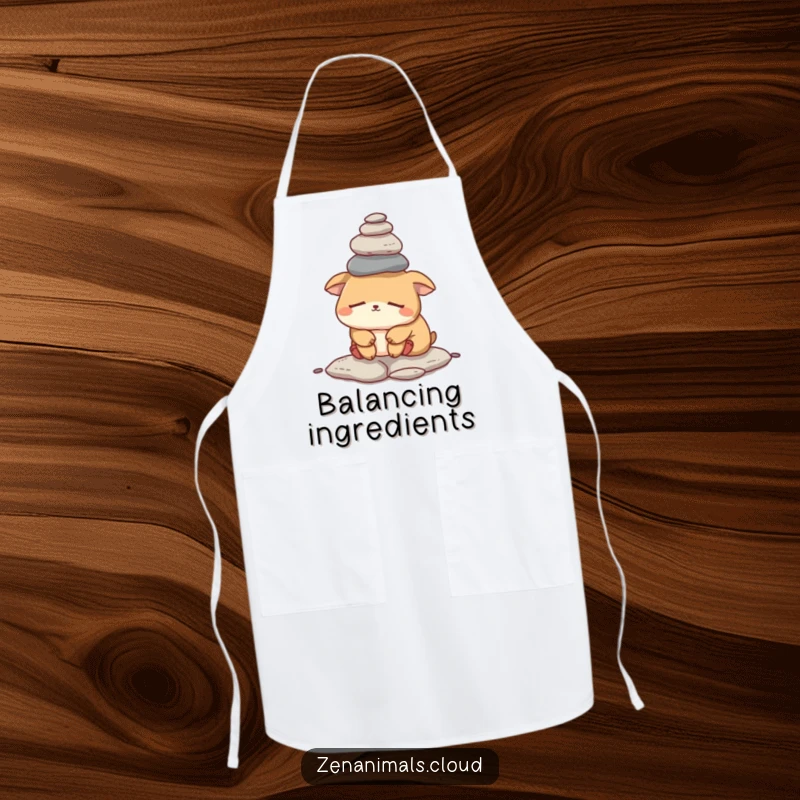 Funny sleepy animal apron showing a tired creature trying to balance small rocks on its head, ideal for humorous kitchen tasks.