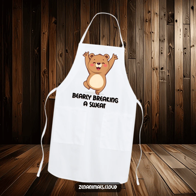 Funny apron showcasing a cheerful bear striking a triumphant yoga pose, perfect for kitchen duties with a mindful and humorous flair.