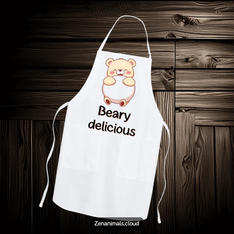 Funny bear character hugging a cushion with a chef's hat, smiling on this humorous apron.
