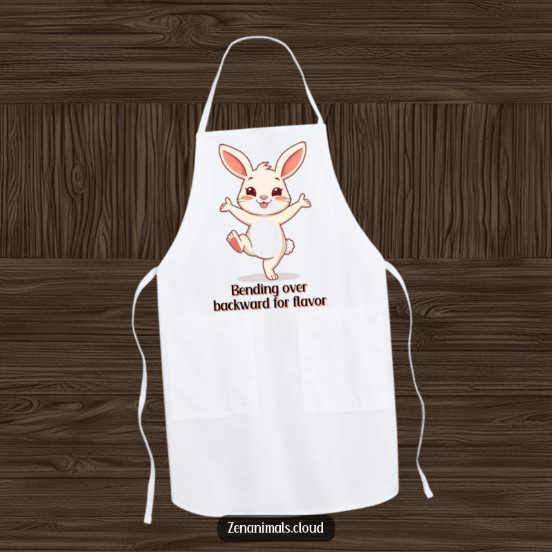 Funny Bunny Apron: A cheerful bunny in a playful yoga pose with one leg extended, perfect for humorous cooking.