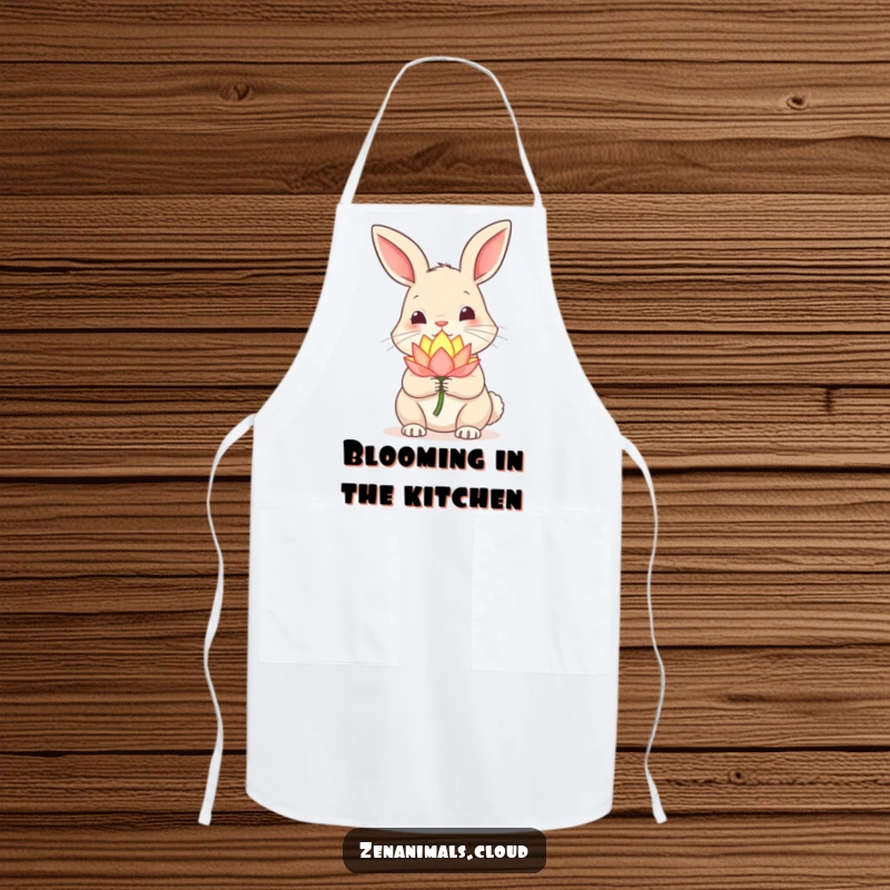 Funny Rabbit Apron: Curious rabbit holding a glowing lotus flower, nose twitching, a humorous cooking accessory.