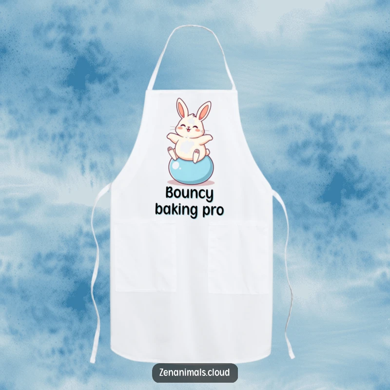 Funny plump bunny happily bouncing on a yoga ball, printed on a useful and funny apron.