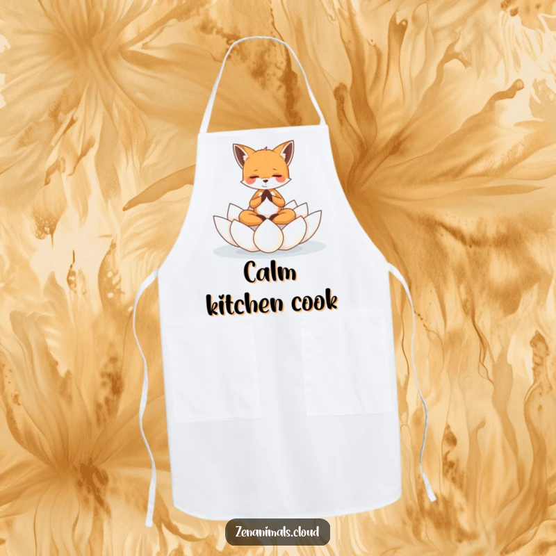 Funny tiny fox meditating on a floating lotus flower, printed on a useful and funny apron.