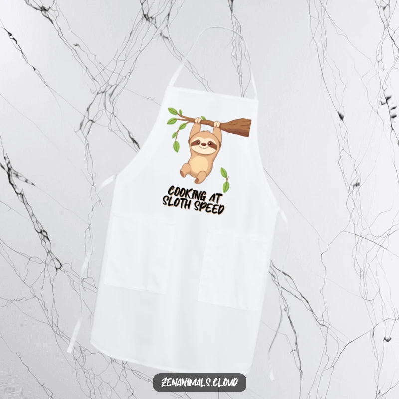Funny Sloth Apron: Contented sloth hanging upside down from a branch, smiling gently, a humorous cooking accessory.