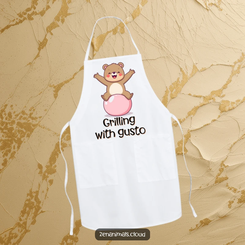 Funny bear on a yoga ball apron, bringing cheerful humor to kitchen tasks and cooking adventures.