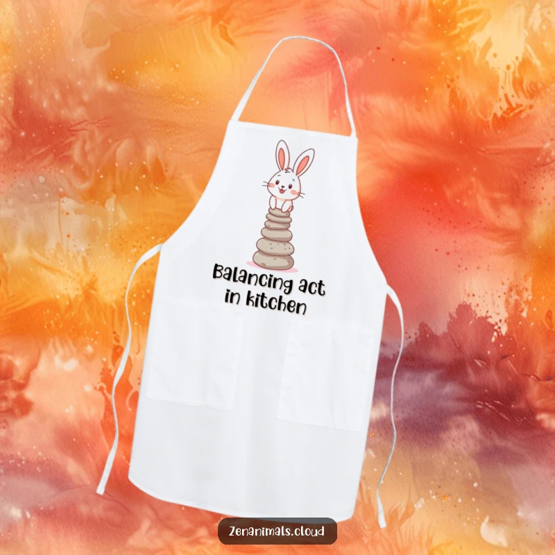 Funny Apron featuring a cheerful bunny balancing a stack of pebbles, designed for humorous kitchen adventures.