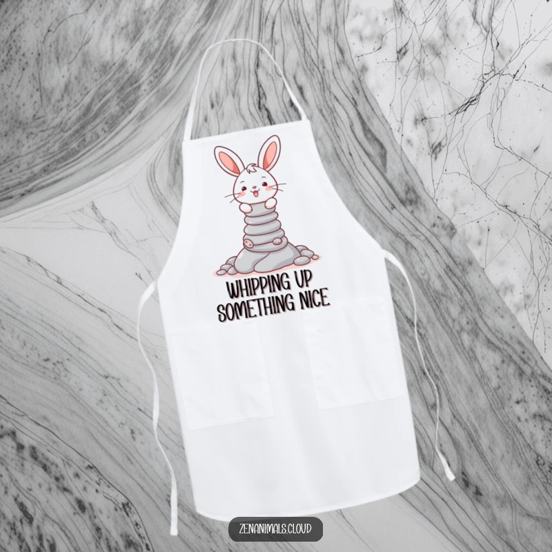 Funny apron featuring a cheerful bunny balancing a tall stack of pebbles, ready for kitchen adventures.