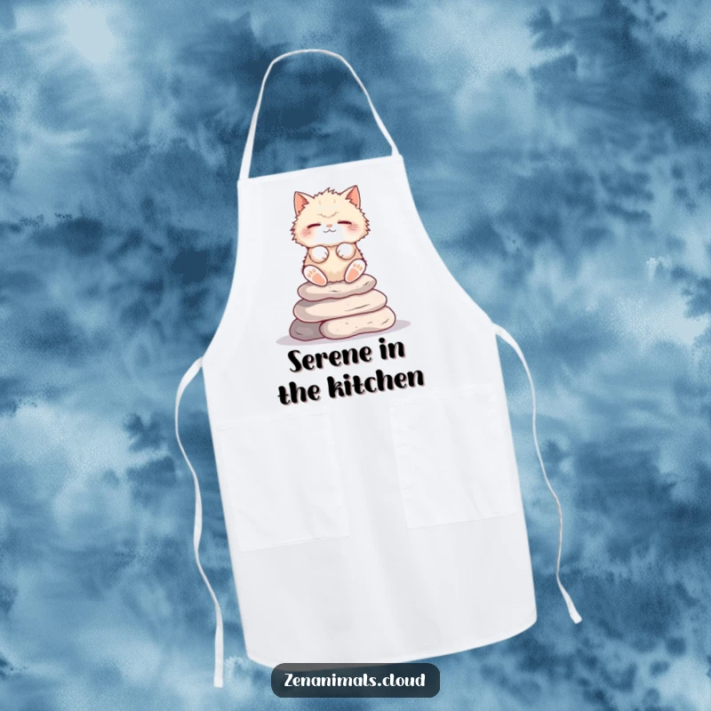 Funny Cat Apron: Fluffy cat meditating on stones, eyes closed, a humorous cooking accessory.