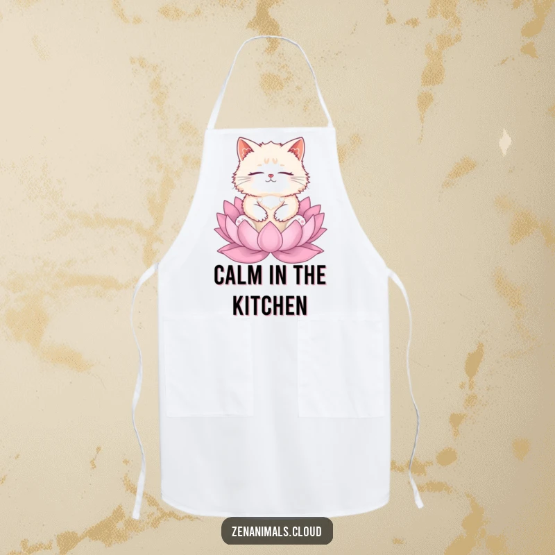 Funny cat meditation apron with a fluffy cat on a lotus, practical and humorous for the kitchen.