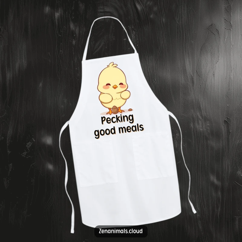 Funny chick character wearing a baker's hat, pecking a seed with a smile on this humorous apron.