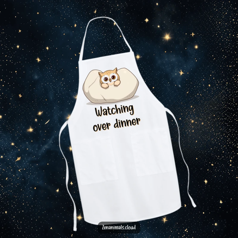 Funny Owl Apron: A curious owl peeking out from behind a large, smooth stone, perfect for humorous cooking.