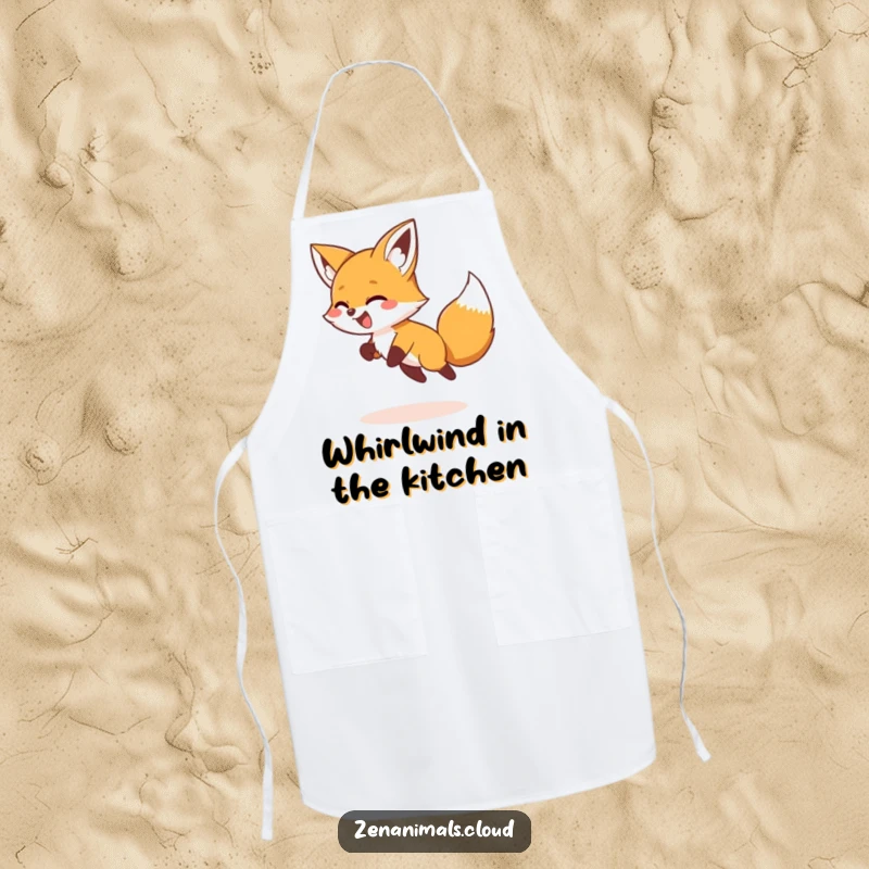 Funny Apron featuring a giggling fox chasing its tail in a circle, designed for humorous kitchen fun.