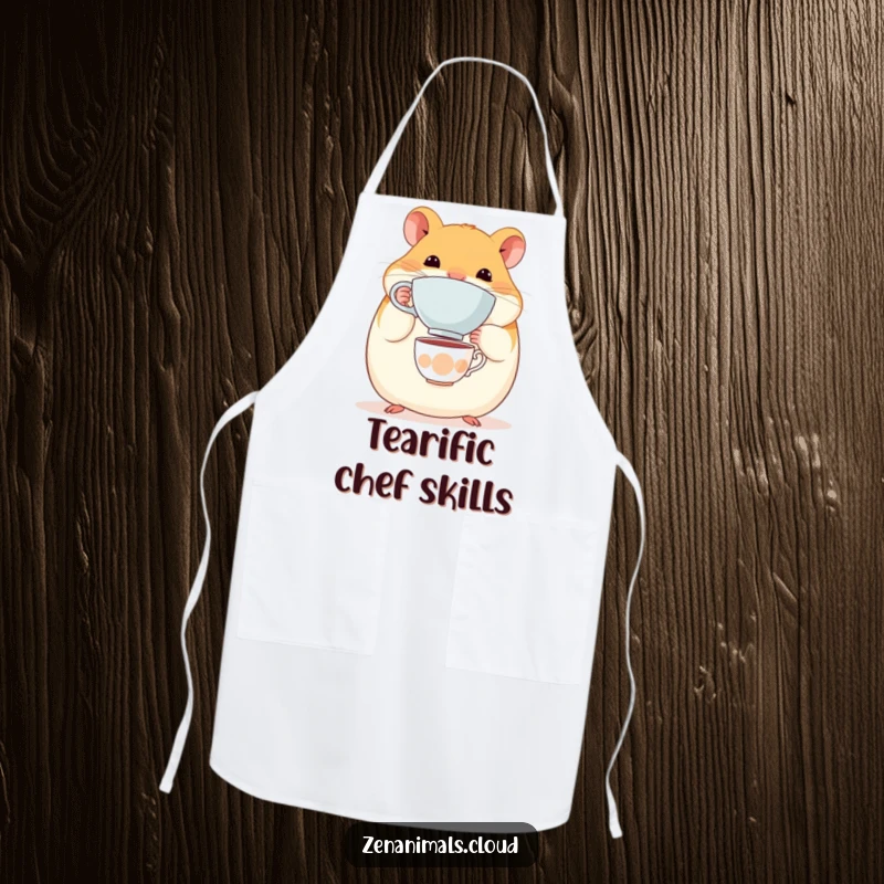 Funny Hamster Apron: A round, content hamster balancing a tiny teacup on its nose, perfect for humorous cooking.