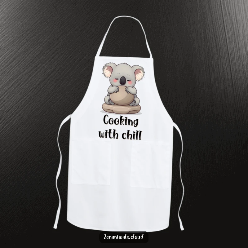 Funny koala hugging a smooth meditation stone while wearing a chef apron. Ideal for kitchen use and humorous gifting.