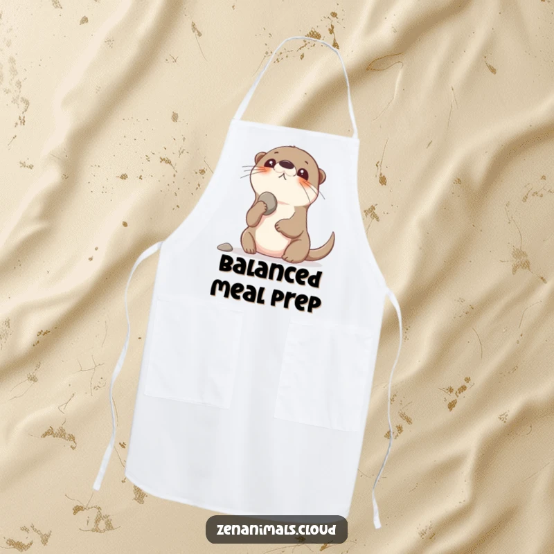 Funny playful otter balancing a pebble on its nose, looking up, adorning a kitchen apron.