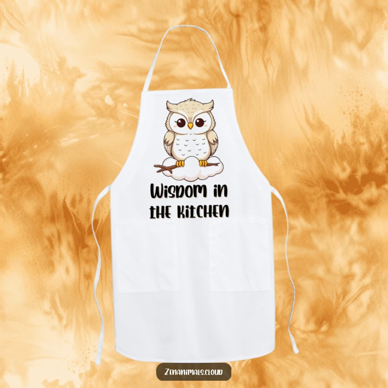 Funny Owl Apron: A serene owl smiles peacefully on a cloud, bringing wisdom, humor, and whimsical charm to your kitchen tasks.