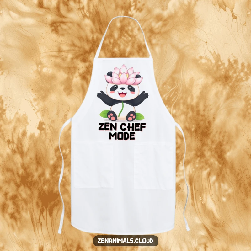 Funny panda lotus apron, kitchen garment with a panda balancing a flower, humorous and practical for chefs.