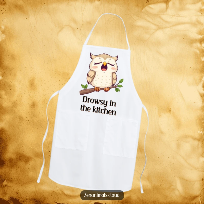 Funny Apron featuring a sleepy owl yawning widely on a branch, designed for humorous kitchen tasks.
