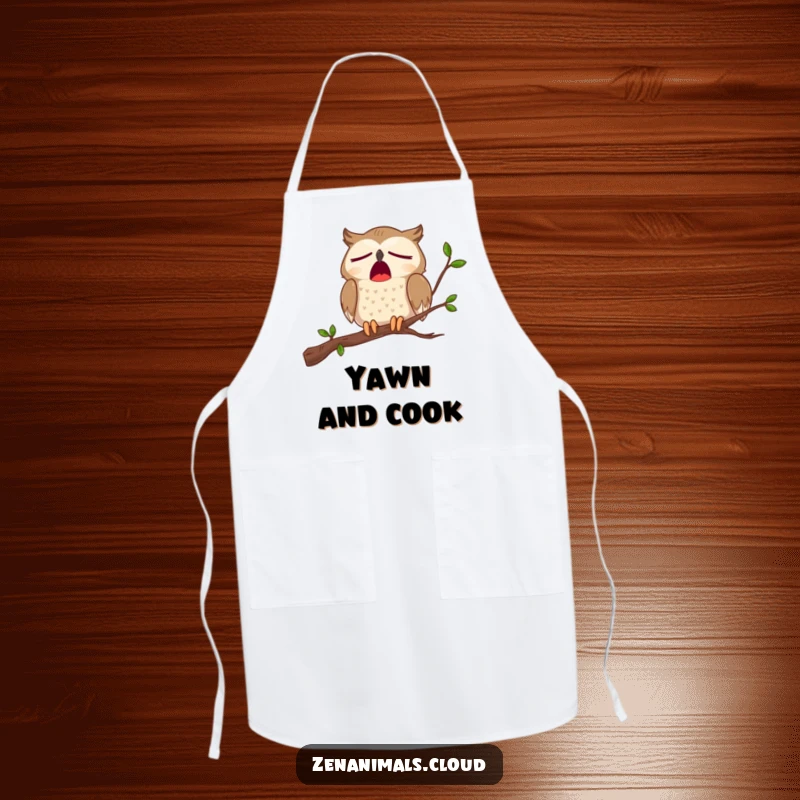 Funny apron graphic of a cartoon owl wide-mouthed in a comical yawn while perched on a branch, looking sleepy.