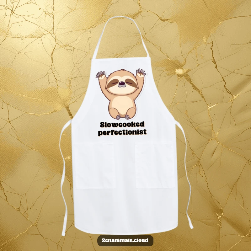 Funny apron showcasing a sleepy sloth stretching its arms upwards, perfect for kitchen duties with a humorous and easygoing flair.