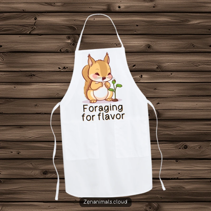 Funny Squirrel Apron: A durable apron featuring a curious squirrel examining a tiny sprout, perfect for adding nature's humor to cooking.