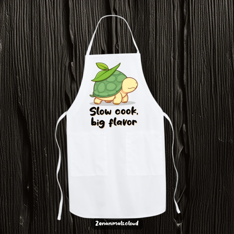 Funny turtle apron with a leaf on its head, walking slowly, adding a humorous and protective layer to your cooking attire.
