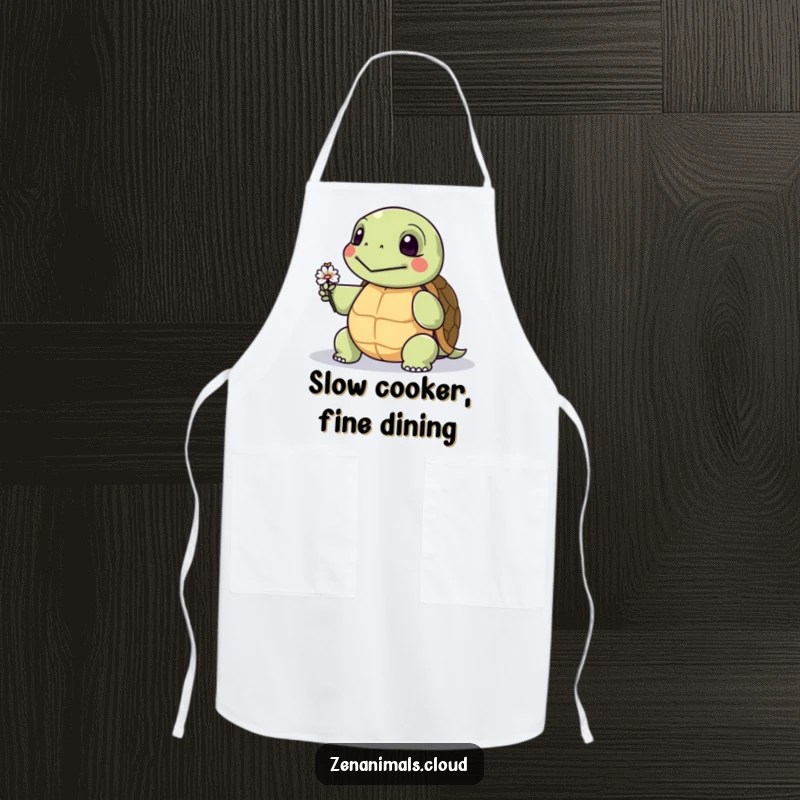 Funny apron with a wise turtle offering a tiny flower, designed for kitchen protection with a humorous and charming touch.