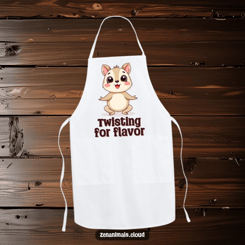 Funny yoga animal apron featuring a round, happy creature doing an enthusiastic yoga pose, designed for kitchen fun and flexibility.