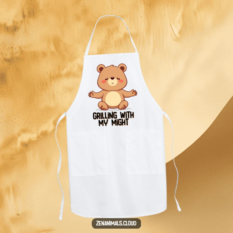Funny apron featuring a determined bear practicing a challenging yoga pose, perfect for the focused cook.