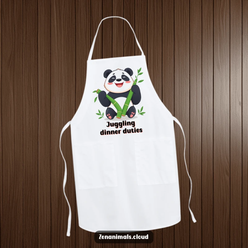 Funny Panda Apron: Happy panda juggling bamboo shoots with a wide grin, a humorous cooking accessory.