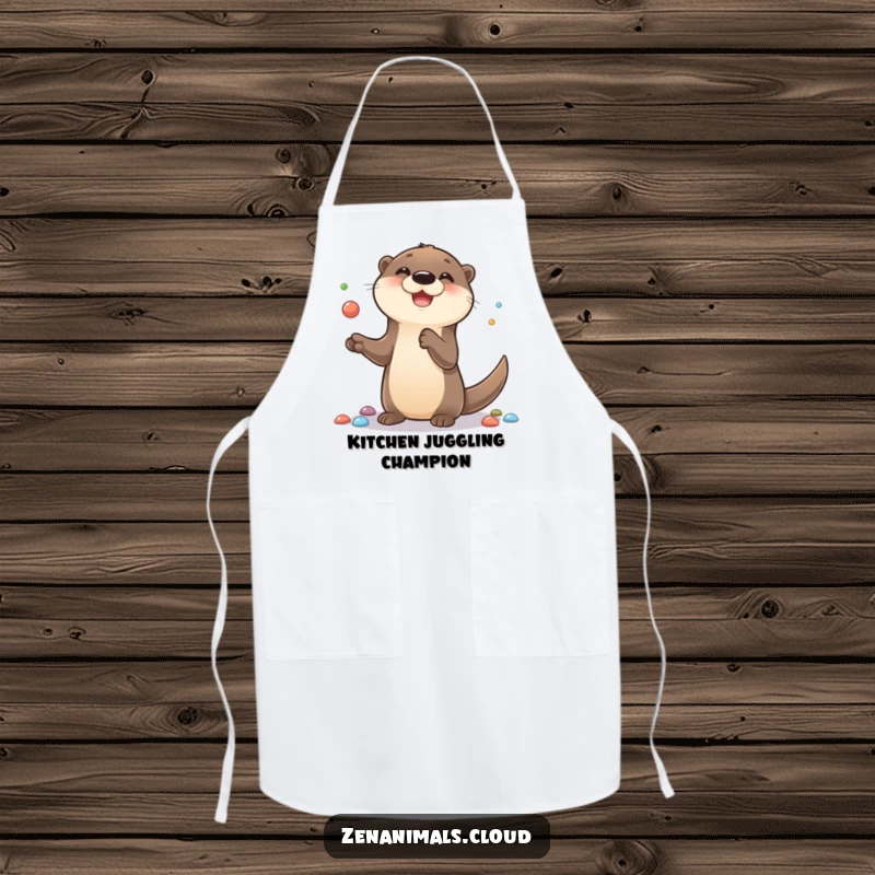 Funny apron showcasing a cute otter happily juggling colorful pebbles, ideal for kitchen tasks with a touch of playful charm and humor.