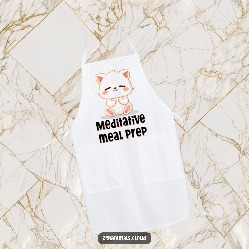 Funny meditation animal apron featuring a fluffy creature meditating, surrounded by a soft glow, adding zen to kitchen tasks.
