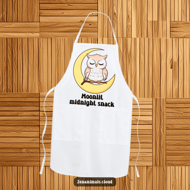 Funny Apron featuring a calm owl on a crescent moon, blinking slowly, perfect for cooks who appreciate humor and peace.