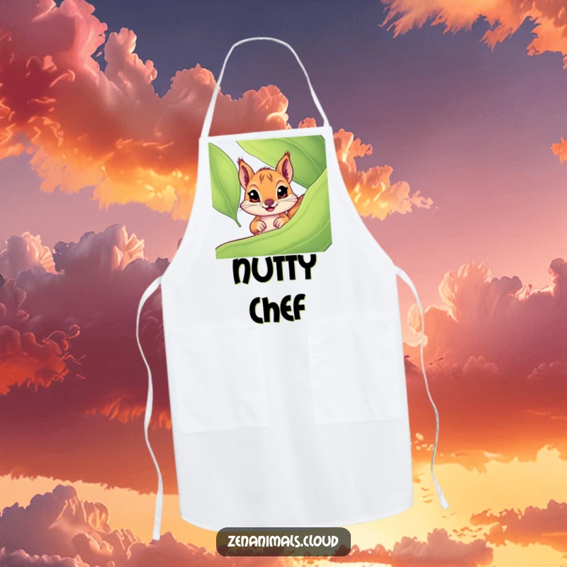 Funny squirrel apron for chefs, showing a curious squirrel with wide eyes peeking over the pocket, adding humor to cooking tasks.