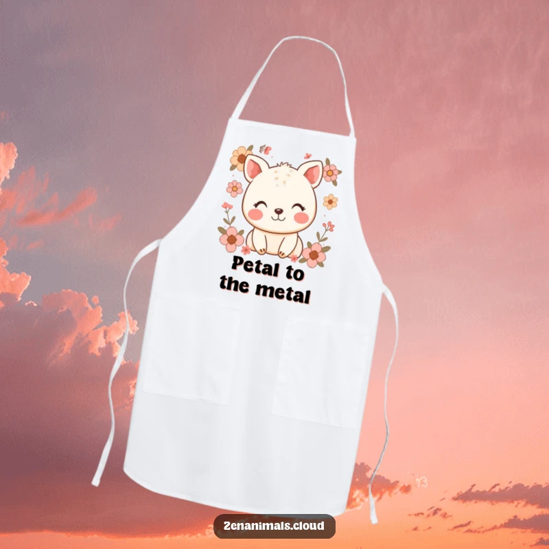 Funny apron designed with a happy animal chef's gentle smile and surrounding floral elements, making cooking a joyful experience.