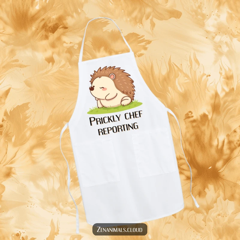 Funny apron depicting a happy hedgehog rolling on its back, adding a touch of humor and cuteness to kitchen wear.