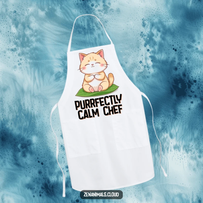 Funny Apron decorated with a round, fluffy cat meditating on a leaf, perfect for humorous kitchen activities.