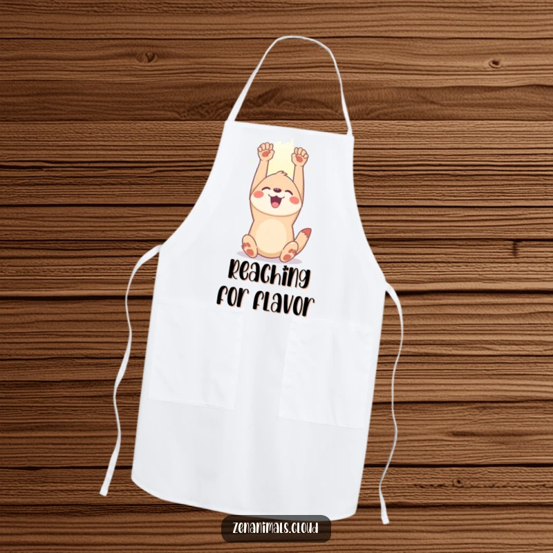 Funny joyful animal apron showing a happy creature stretching towards a sunbeam, ideal for spreading cheer in the kitchen.