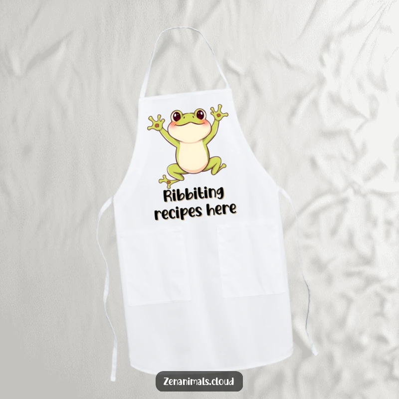 Funny Frog Apron: A durable apron featuring a joyful frog in a leaping pose, perfect for adding energetic humor to cooking.