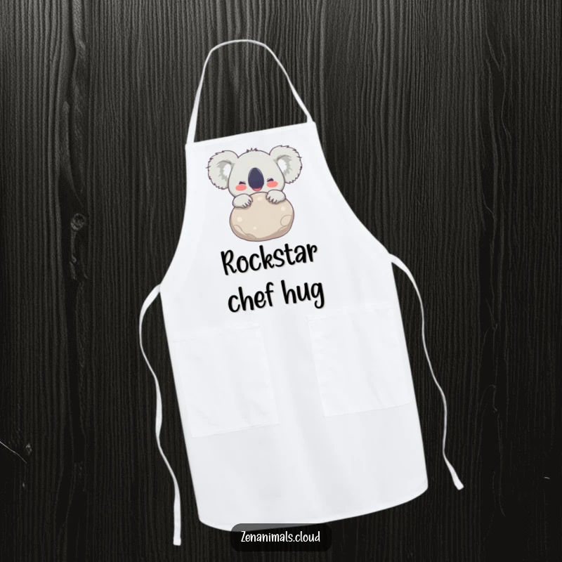 Funny Apron with a joyful koala hugging a stone, eyes wide with delight, perfect for cooks who love happiness and fun.