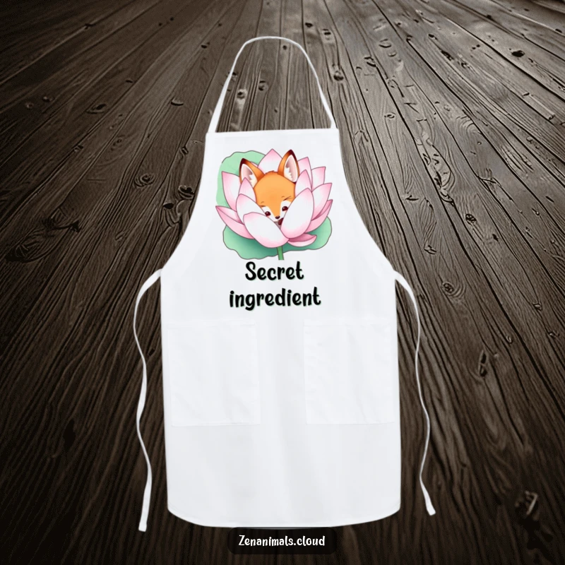 Funny curious fox peeking from a lotus flower apron, bringing mystical charm to kitchen tasks.