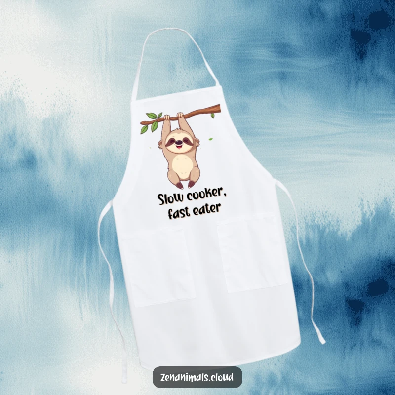 Funny apron featuring a giggling sloth hanging from a branch, adding whimsical amusement to kitchen tasks.