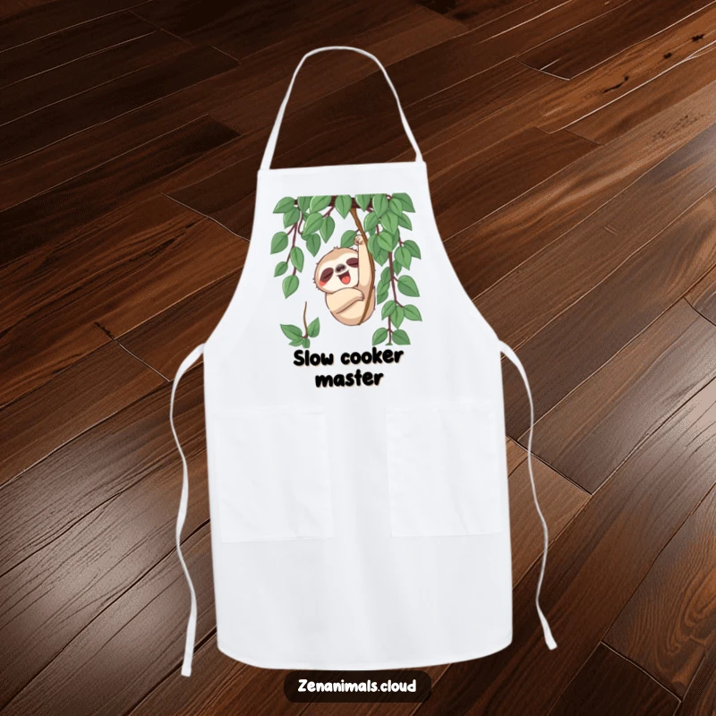 Funny sloth character wearing a chef's hat, slowly reaching for a vine with a yawn on this humorous apron.