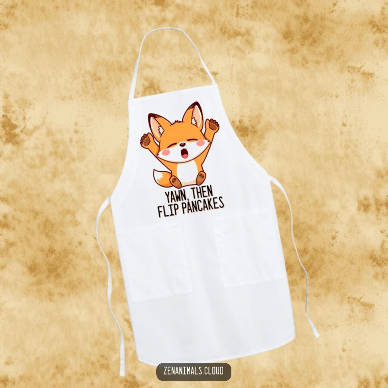 Funny Fox Apron: A sleepy fox yawning widely and stretching its arms upwards, perfect for humorous cooking sessions.
