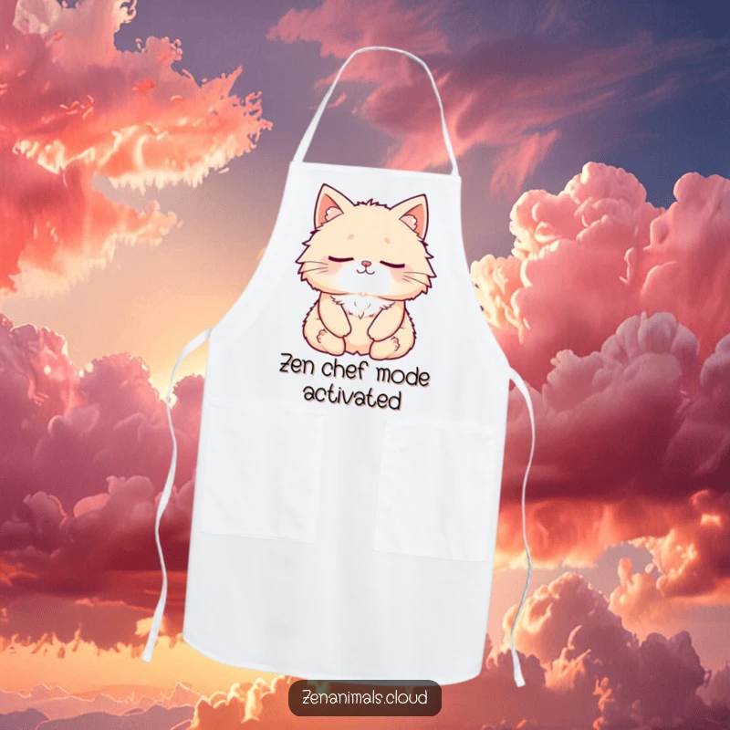 Funny Cat Apron: A fluffy cat meditating peacefully, eyes closed, with a subtle smile, perfect for humorous cooking sessions.