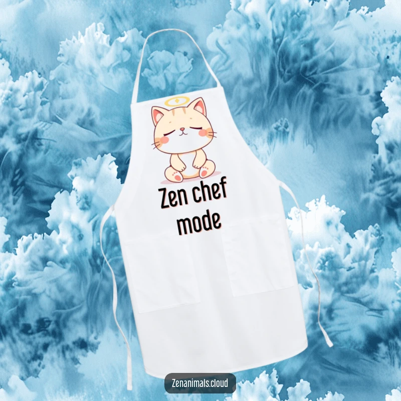 Funny cat meditation apron, kitchen garment with a meditating cat and halo, humorous and practical for chefs.