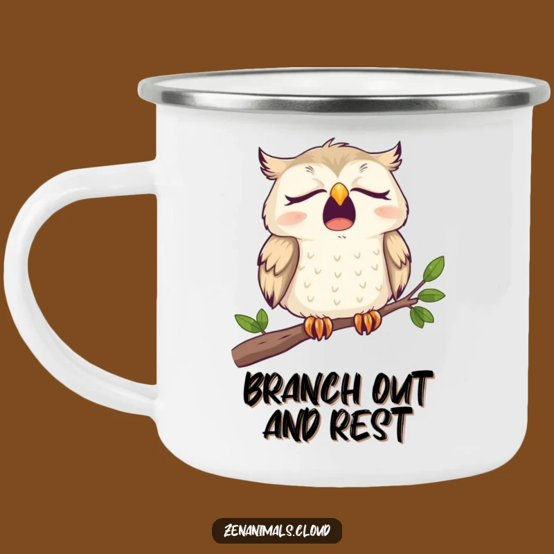 Funny Sleepy Owl Camping Mug: Wide Yawn on Branch, Outdoor Humorous Gift