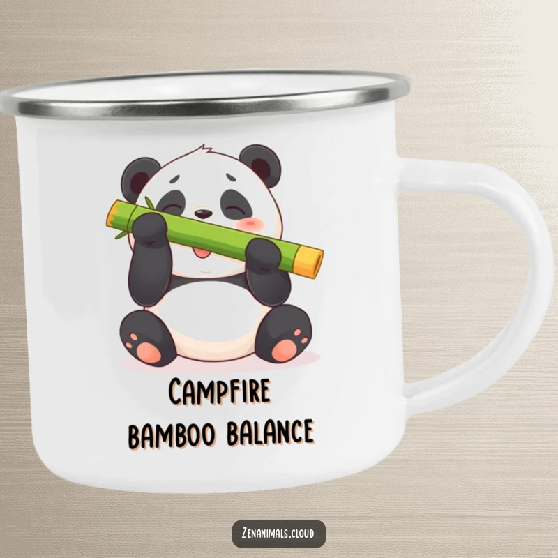 Funny panda bear camping mug featuring a plump bear giggling while balancing a large bamboo shoot on its nose.