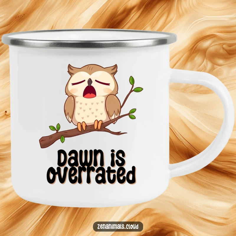 Funny camping mug depicting a cartoon owl on a branch, letting out a massive, comical yawn, ideal for sleepy campers.